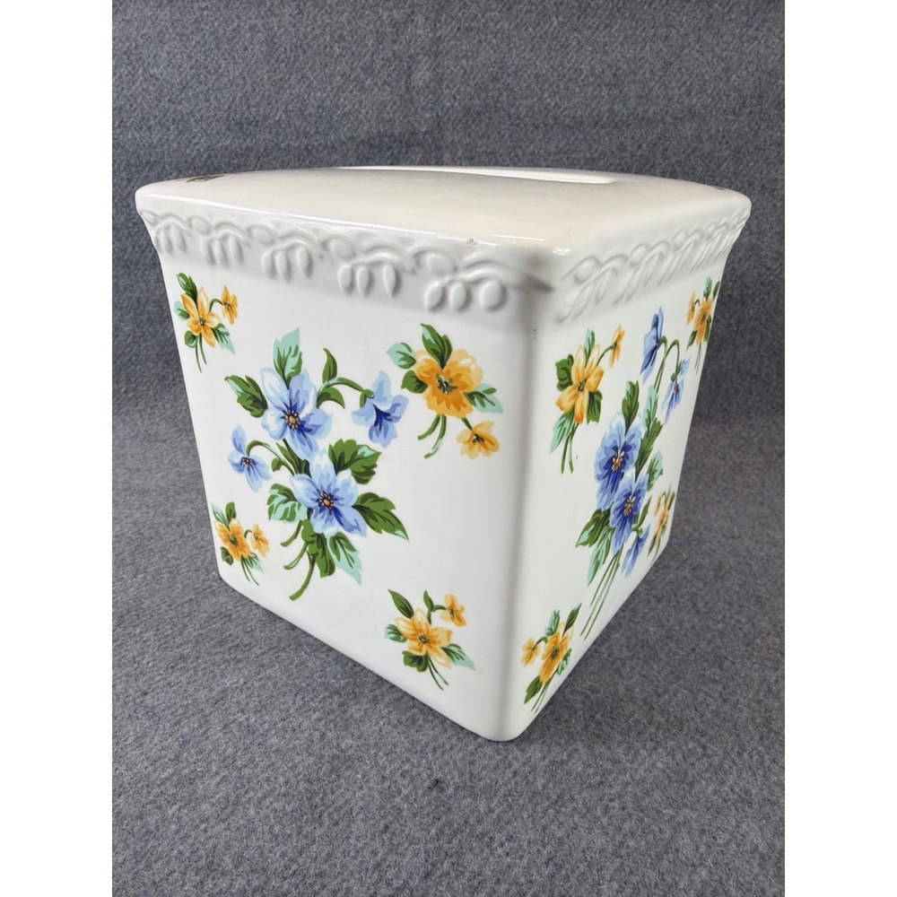 Liz Claiborne Just Picked Tissue Box Cover White‎ Blue Yellow Floral Ceramic VTG